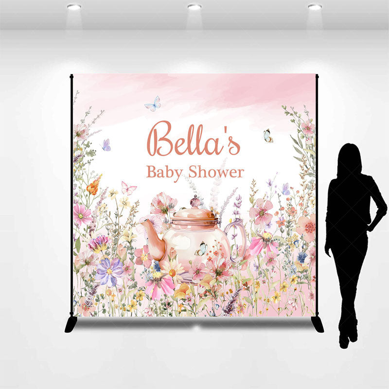 Lofaris Pink Floral Tea Pot Custom Name Baby Shower Backdrop