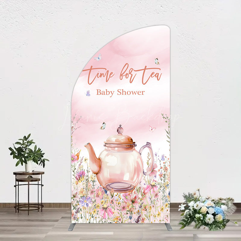 Lofaris Pink Floral Time For Tea Baby Shower Half Moon Arch Backdrop