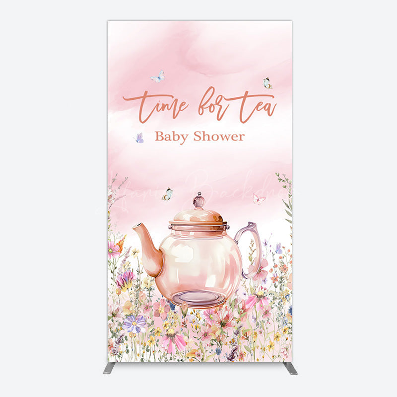 Lofaris Pink Floral Time For Tea Baby Shower Rectangle Backdrop