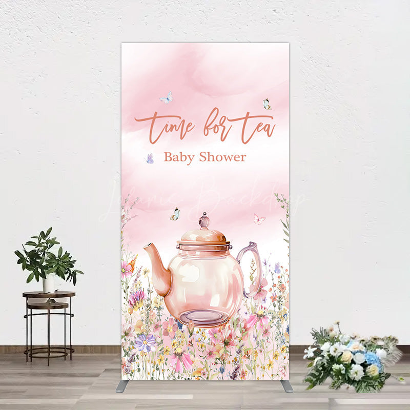 Lofaris Pink Floral Time For Tea Baby Shower Rectangle Backdrop