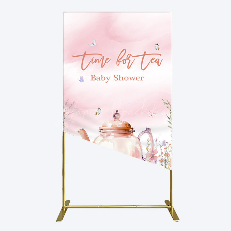 Lofaris Pink Floral Time For Tea Baby Shower Rectangle Backdrop