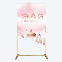 Lofaris Pink Floral Time For Tea Baby Shower Rectangle Backdrop