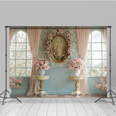 Lofaris Pink Floral Vintage Portrait Blue Window Backdrop