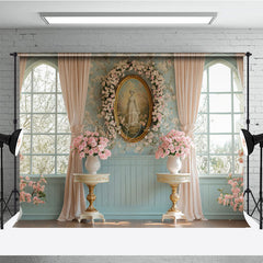 Lofaris Pink Floral Vintage Portrait Blue Window Backdrop