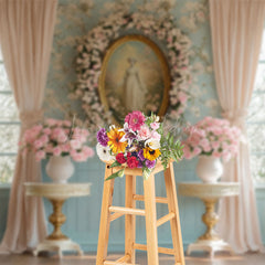 Lofaris Pink Floral Vintage Portrait Blue Window Backdrop