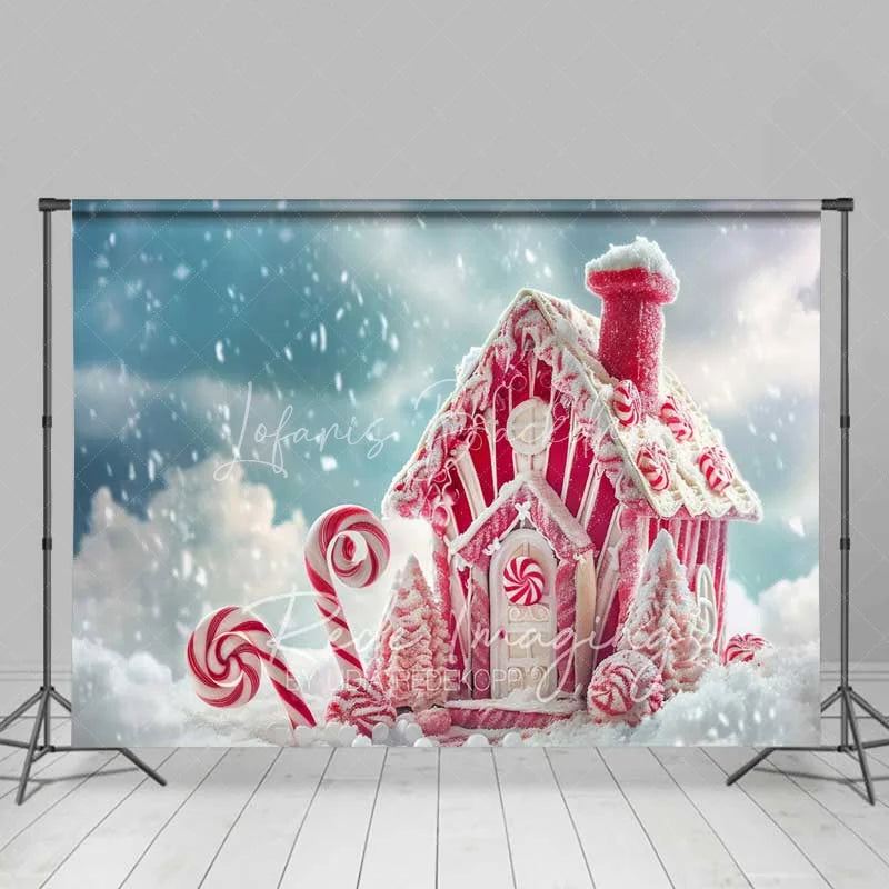 Lofaris Pink Gingerbread House Backdrop Candy Cane Peppermint Fantasy Winter Snow Scene Photo Background