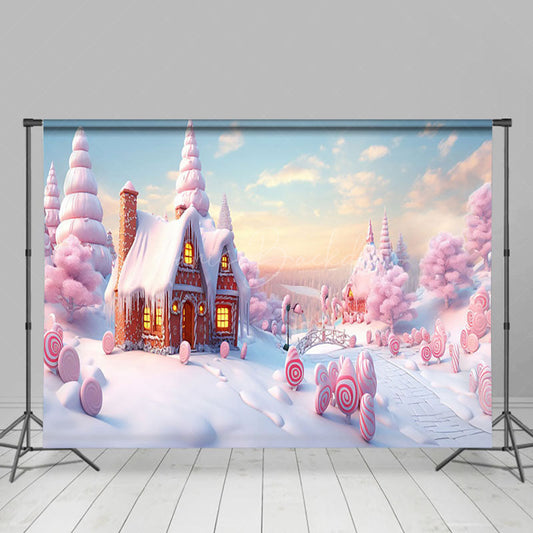 Lofaris Pink Gingerbread House Sweetie Candy Winter Backdrop