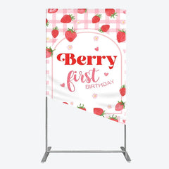 Lofaris Pink Gingham Strawberry Berry First Birthday Rectangle Arch Backdrop with Cute Hearts and Flowers Sweet Party Decor.