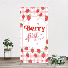 Lofaris Pink Gingham Strawberry Berry First Birthday Rectangle Arch Backdrop with Cute Hearts and Flowers Sweet Party Decor.