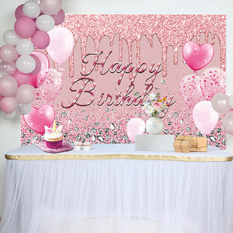 Lofaris Pink Glitter Balloon Diamond Happy Birthday Backdrop