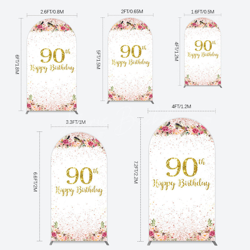 Lofaris Pink Glitter Floral Gold 90th Birthday Arch Backdrop