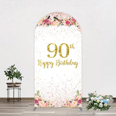Lofaris Pink Glitter Floral Gold 90th Birthday Arch Backdrop