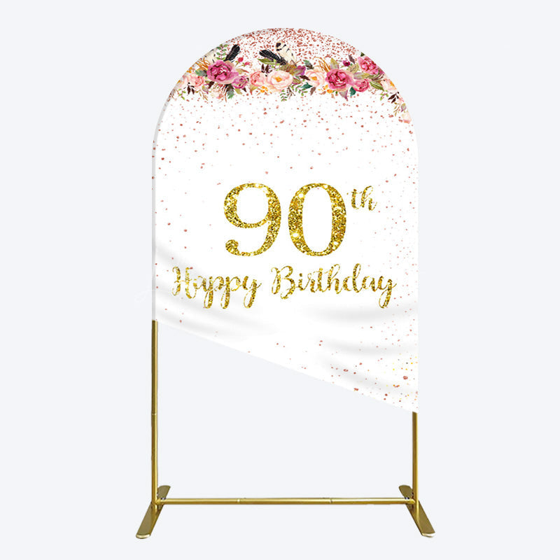 Lofaris Pink Glitter Floral Gold 90th Birthday Arch Backdrop