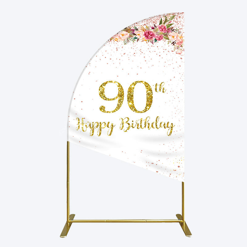Lofaris Pink Glitter Floral Gold 90th Birthday Half Moon Arch Backdrop