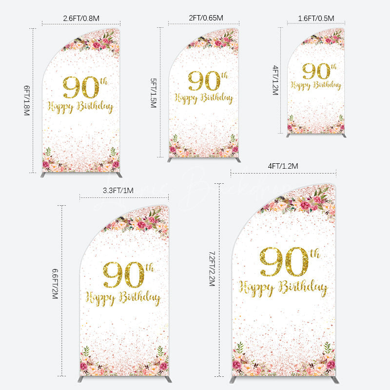 Lofaris Pink Glitter Floral Gold 90th Birthday Half Moon Arch Backdrop