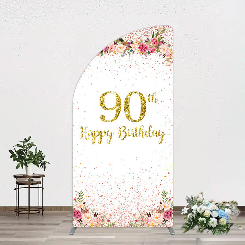Lofaris Pink Glitter Floral Gold 90th Birthday Half Moon Arch Backdrop