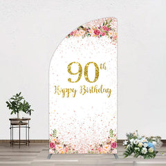 Lofaris Pink Glitter Floral Gold 90th Birthday Half Moon Arch Backdrop