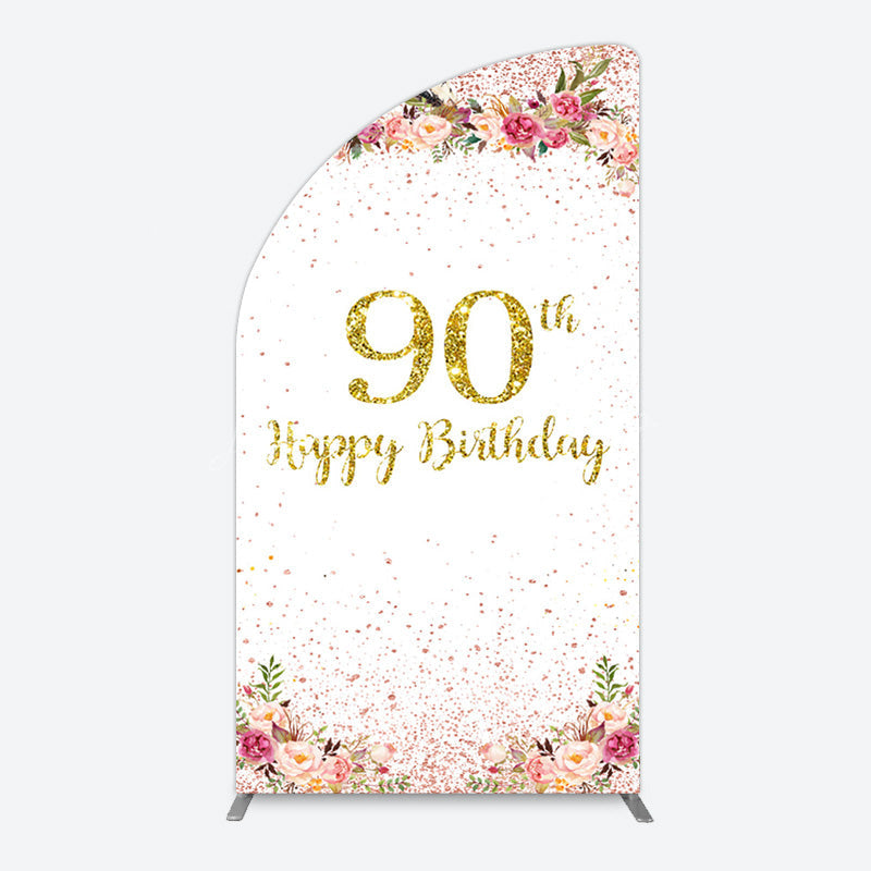 Lofaris Pink Glitter Floral Gold 90th Birthday Half Moon Arch Backdrop