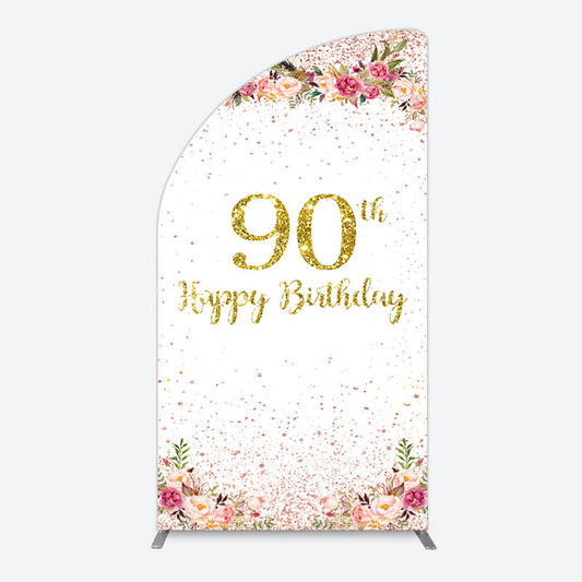 Lofaris Pink Glitter Floral Gold 90th Birthday Half Moon Arch Backdrop