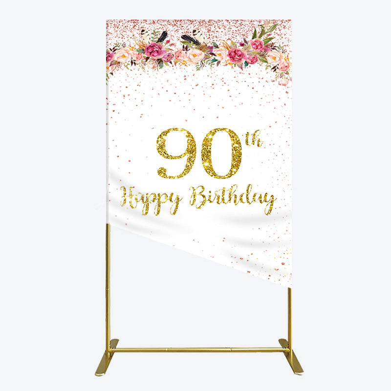 Lofaris Pink Glitter Floral Gold 90th Birthday Rectangle Backdrop