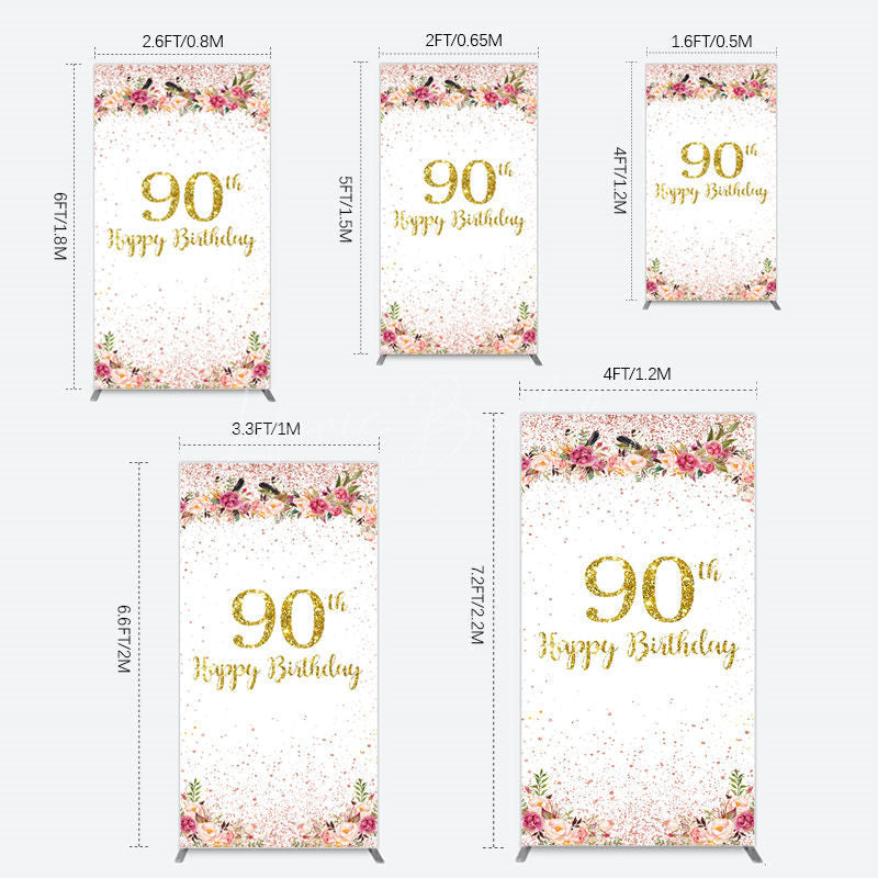 Lofaris Pink Glitter Floral Gold 90th Birthday Rectangle Backdrop