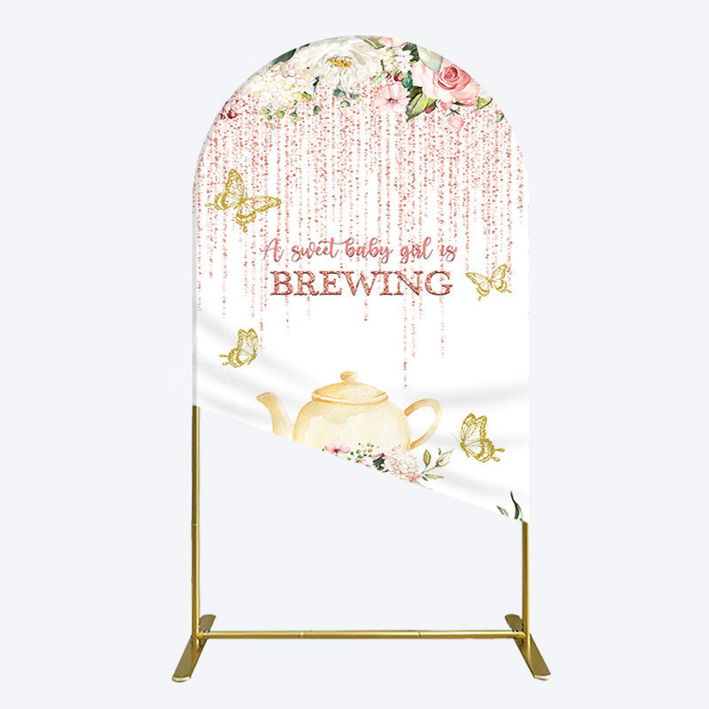Lofaris Pink Glitter Floral Teapot Baby Shower Arch Backdrop