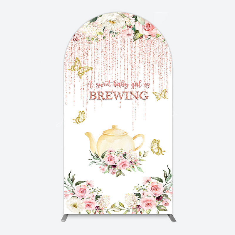 Lofaris Pink Glitter Floral Teapot Baby Shower Arch Backdrop