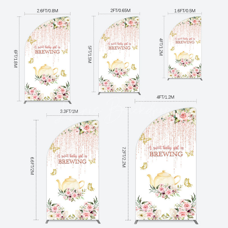Lofaris Pink Glitter Floral Teapot Baby Shower Half Moon Arch Backdrop