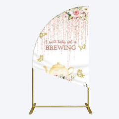 Lofaris Pink Glitter Floral Teapot Baby Shower Half Moon Arch Backdrop