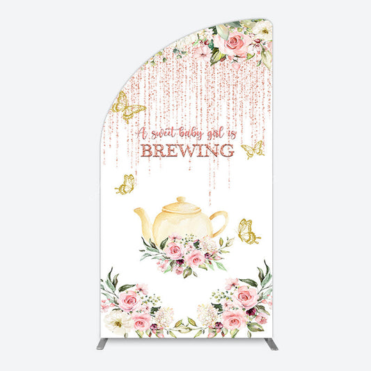 Lofaris Pink Glitter Floral Teapot Baby Shower Half Moon Arch Backdrop