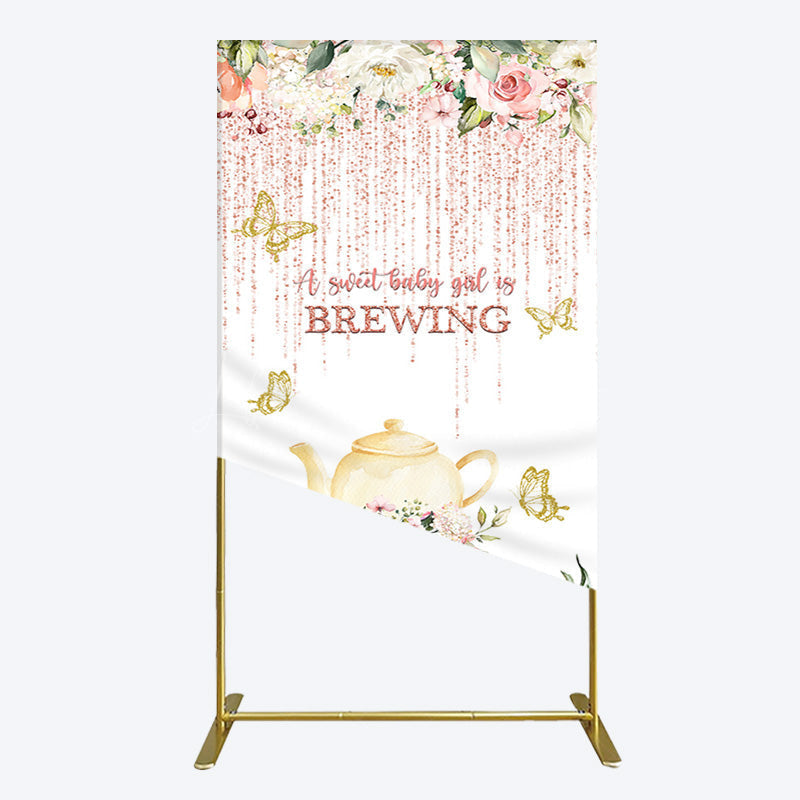 Lofaris Pink Glitter Floral Teapot Baby Shower Rectangle Backdrop