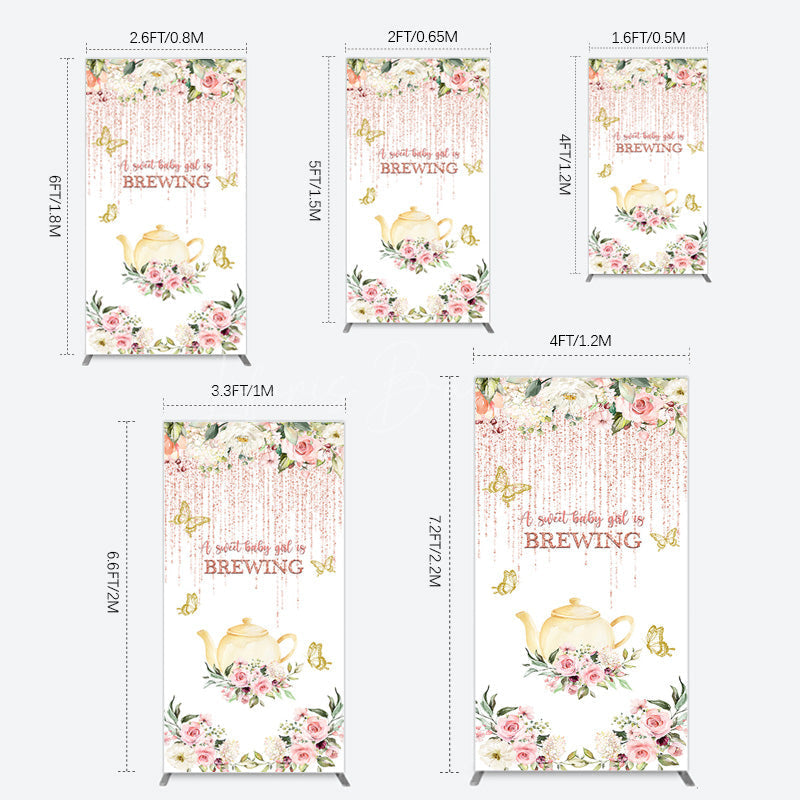 Lofaris Pink Glitter Floral Teapot Baby Shower Rectangle Backdrop