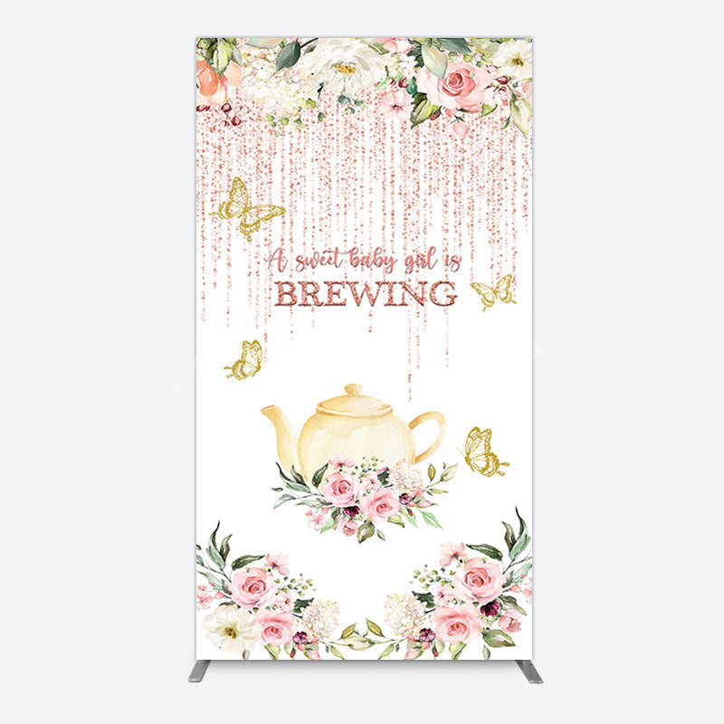 Lofaris Pink Glitter Floral Teapot Baby Shower Rectangle Backdrop