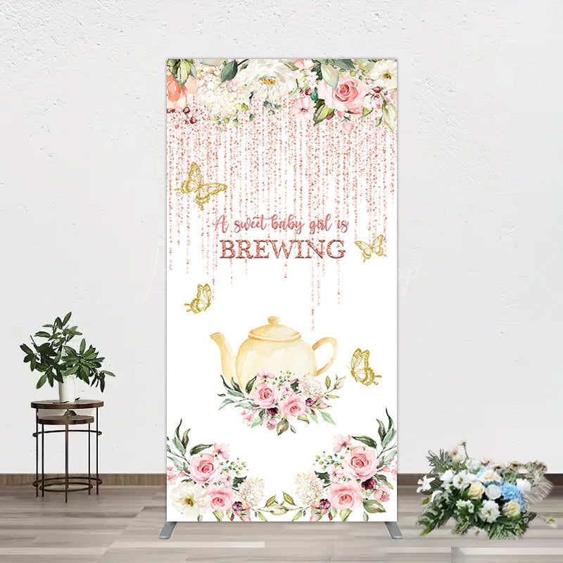Lofaris Pink Glitter Floral Teapot Baby Shower Rectangle Backdrop