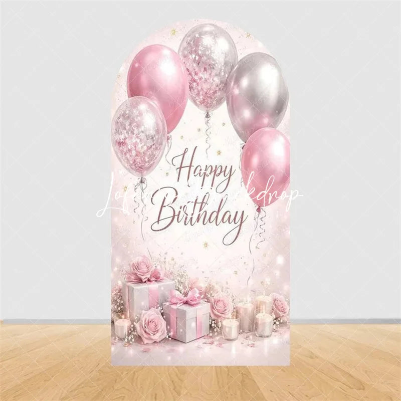 Lofaris Pink Gold Balloons Cake Arch Backdrop Happy Birthday Party Cover with Gifts Decor