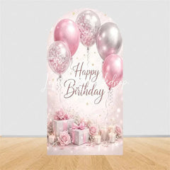 Lofaris Pink Gold Balloons Cake Arch Backdrop Happy Birthday Party Cover with Gifts Decor