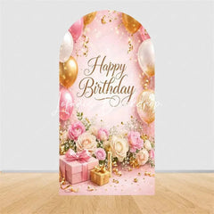 Lofaris Pink Gold Balloons Cake Arch Backdrop Happy Birthday Party Cover with Gifts Decor