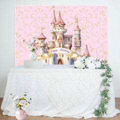 Lofaris Pink Gold Cartoon Castle Happy Birthday Backdrop