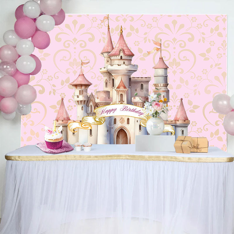 Lofaris Pink Gold Cartoon Castle Happy Birthday Backdrop