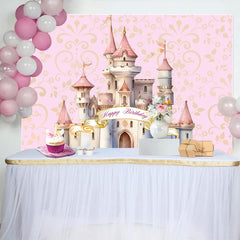 Lofaris Pink Gold Cartoon Castle Happy Birthday Backdrop
