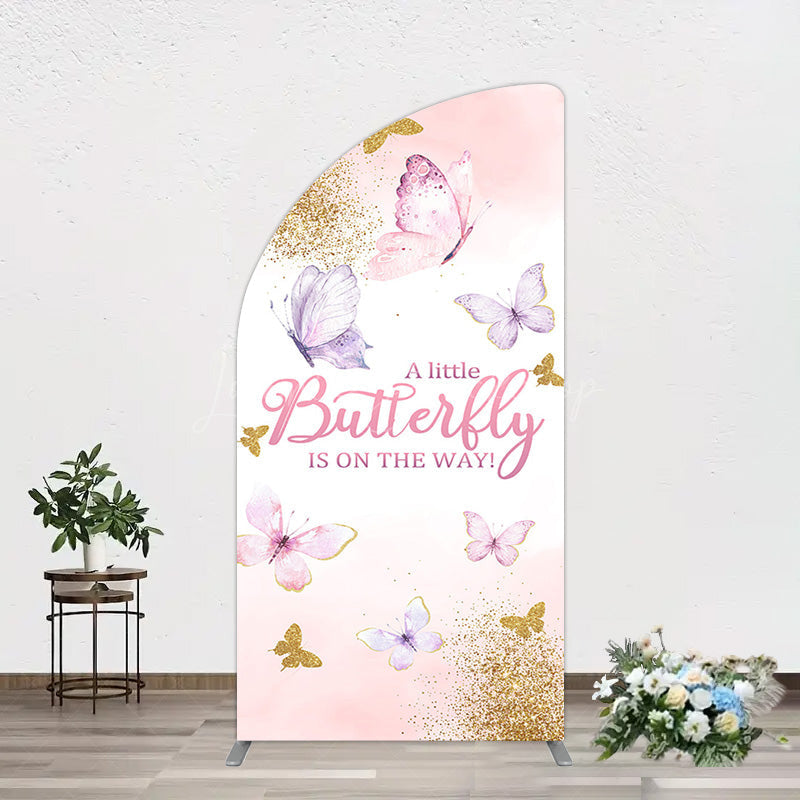 Lofaris Pink Gold Glitter Butterfly Baby Shower Half Moon Arch Backdrop