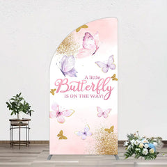Lofaris Pink Gold Glitter Butterfly Baby Shower Half Moon Arch Backdrop