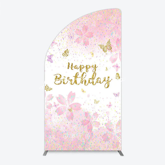 Lofaris Pink Gold Glitter Happy Birthday Half Moon Arch Backdrop with Cherry Blossoms and Butterflies Pastel Confetti Decor