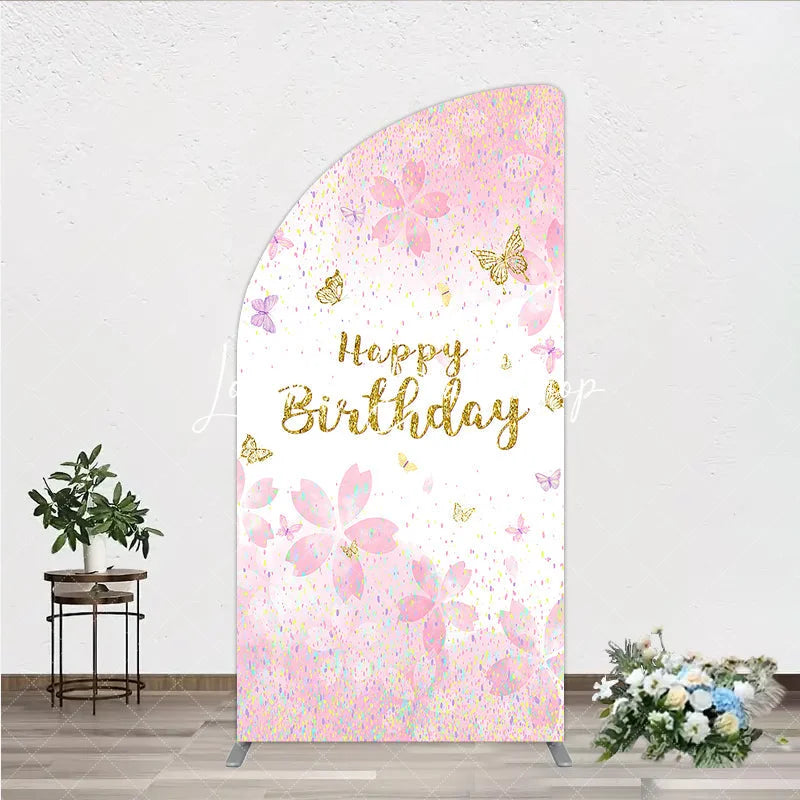 Lofaris Pink Gold Glitter Happy Birthday Half Moon Arch Backdrop with Cherry Blossoms and Butterflies Pastel Confetti Decor