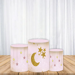 Lofaris Pink Gold Glitter Moon and Stars Cylinder Pedestal Cover Dreamy Celestial Baby Shower Birthday Party Decor