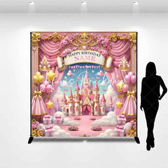 Lofaris Pink Gold Princess Castle Happy Birthday Custom Backdrop with Balloons and Stars Fairytale Dreamy Party Decor