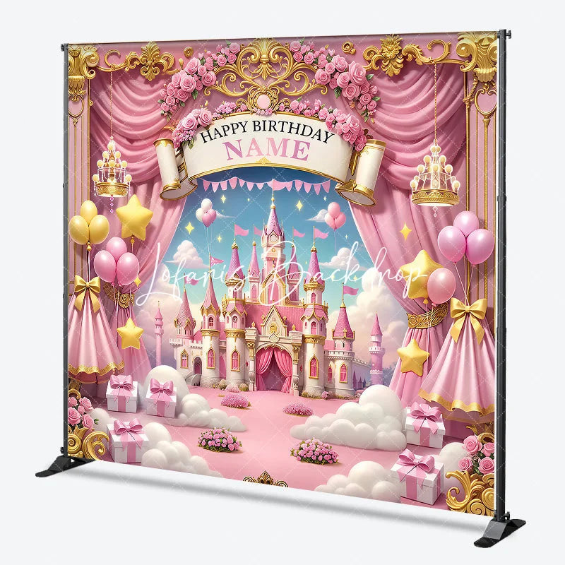 Lofaris Pink Gold Princess Castle Happy Birthday Custom Backdrop with Balloons and Stars Fairytale Dreamy Party Decor