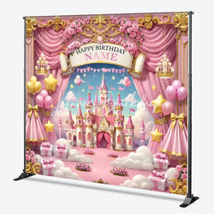 Lofaris Pink Gold Princess Castle Happy Birthday Custom Backdrop with Balloons and Stars Fairytale Dreamy Party Decor