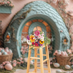 Lofaris Pink Green House Floral Eggs Easter Photo Backdrop