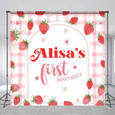 Lofaris Pink Grid Strawberry Girl Custom Birthday Backdrop